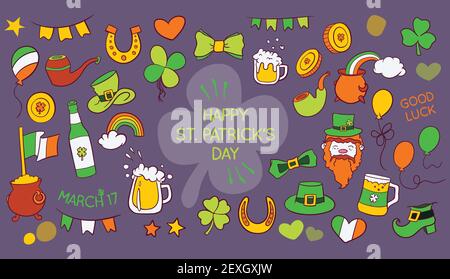 Saint Patrick's day celebrations, 17 March, celebration themed vector illustrations set, collection of hand drawn clip art drawings and elements. Stock Vector