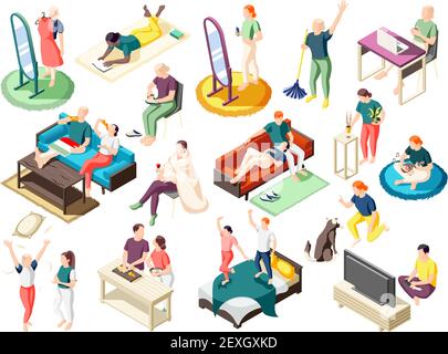 People during various activity at home on weekend set of isometric icons isolated vector illustration Stock Vector