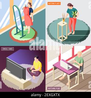 Weekend at home isometric concept people during wardrobe analysis watering plants watching films games isolated vector illustration Stock Vector