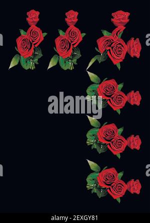 Frames - a bouquet of three red roses. Flowers on the black background of the A4, vertical image. Isolate. Plants Stock Vector