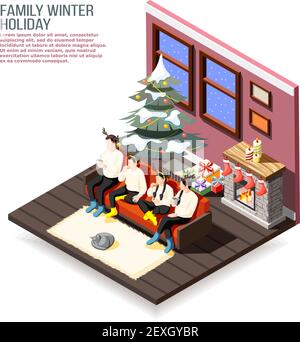 Family christmas holiday isometric composition with parents and kids on sofa in decorated home interior vector illustration Stock Vector