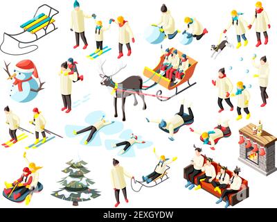 Family in various activity during winter holidays set of isometric icons isolated vector illustration Stock Vector