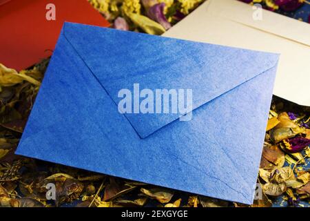 A closeup shot of different colored various postal envelopes on a table covered by dried flowers Stock Photo