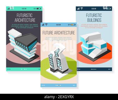 Isometric futuristic architecture buildings of future of various shape set of mobile screens vector illustration Stock Vector