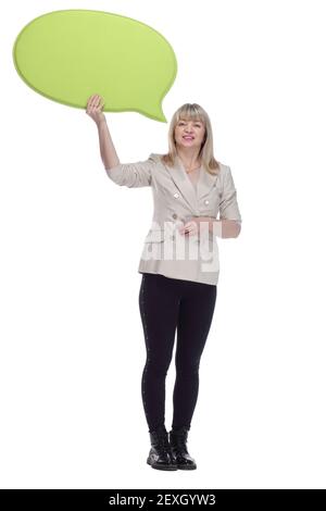 female customer with a speech bubble . isolated on a white background.