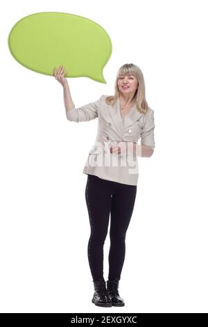 female customer with a speech bubble . isolated on a white background.