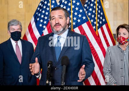 U.S. Senator Ted Cruz (R-TX) speaks at a press conference about the reopening of schools. Stock Photo
