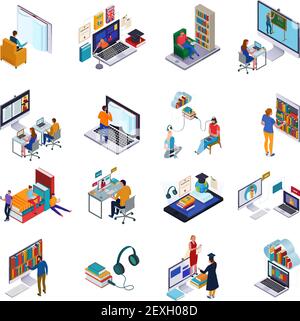 Isometric icons set with people and various devices for reading and studying in online library 3d isolated vector illustration Stock Vector