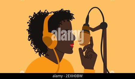 Black man, young guy or woman with a microphone in headphones. Vector flat illustration of podcaster. Stock Vector