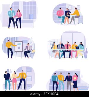 People talking at business meeting flat design icons set isolated on white background vector illustration Stock Vector