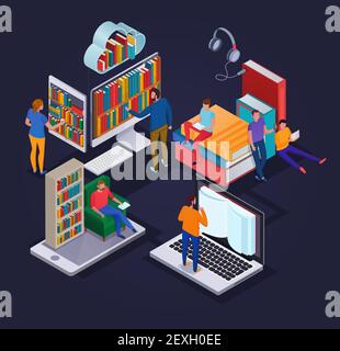 Online library concept with reading people electronic devices and book shelves 3d isometric vector illustration Stock Vector