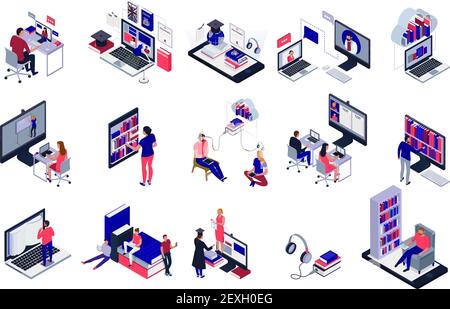 Students studying online using electronic library icons set isolated on white background 3d vector illustration Stock Vector
