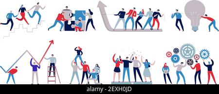 Flat colorful teamwork icons set with staff working together isolated vector illustration Stock Vector