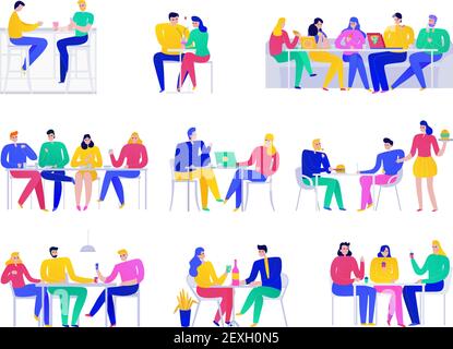 Flat set of colorful icons with people eating out in pizzeria isolated on white background vector illustration Stock Vector
