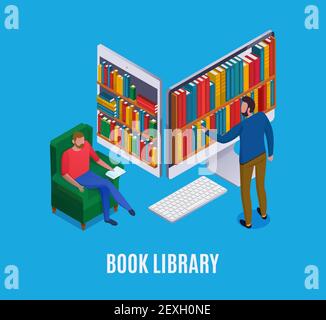 Online library concept with abstract computer and man choosing books on blue background 3d isometric vector illustration Stock Vector