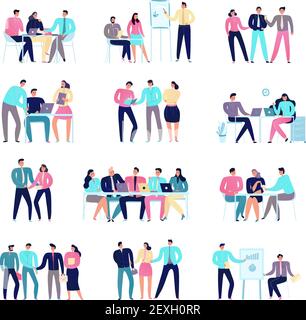 People at business meeting flat colorful icons set isolated on white background vector illustration Stock Vector