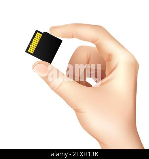 Realistic memory card sim in hands composition man with a card in his hand vector illustration Stock Vector