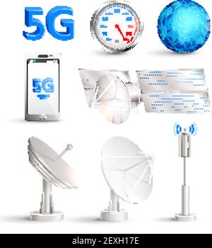 High speed mobile internet realistic set with satellites and smartphone with title 5g isolated vector illustration Stock Vector
