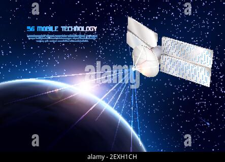 Mobile technology realistic background with communications satellite in space sending signal to different points of earth vector illustration Stock Vector