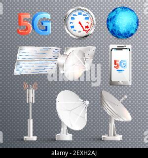 Modern mobile internet technology transparent set of isolated elements promoting signal transmission of 5g standard realistic vector illustration Stock Vector