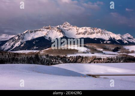 Wilson Peak in the San Juan Mountains near Telluride, Colorado with winter snow Stock Photo