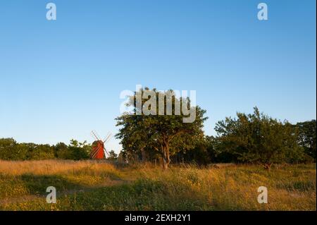 Old windmill near Byxelkrok, Island of Oland, Swed Stock Photo