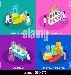 Artificial foods isometric design concept with growing vegetables in laboratory and genetically modified products isolated vector illustration Stock Vector