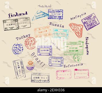 Real visa stamps from 9 countries. Stock Photo