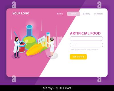Artificial food with synthetic additives isometric web page with user account on white pink background vector illustration Stock Vector
