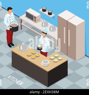 Profession of chef isometric composition with cookery staff during food preparing at kitchen vector illustration Stock Vector