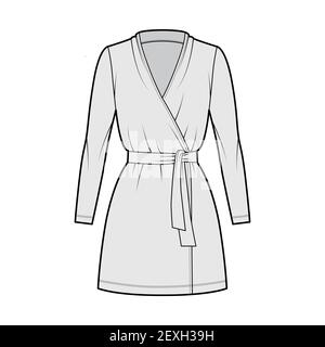 Wrap dress technical fashion illustration with deep V-neck, long sleeves, oversized, mini length, pencil cut, tie. Flat apparel template front, grey color style. Women, men unisex CAD mockup Stock Vector