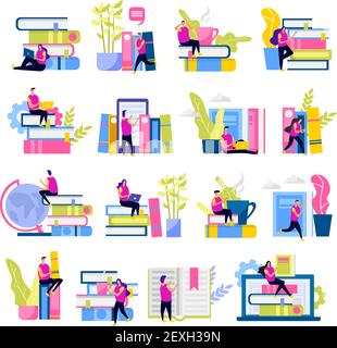 Library set of flat icons human characters with electronic devices and stacks of books isolated vector illustration Stock Vector