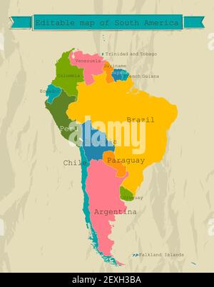 Editable South America  map with all countries. Stock Photo