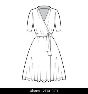 Wrap dress technical fashion illustration with deep V-neck, short sleeves, oversized, knee length, circular cut, tie. Flat apparel template front, white color style. Women, men unisex CAD mockup Stock Vector