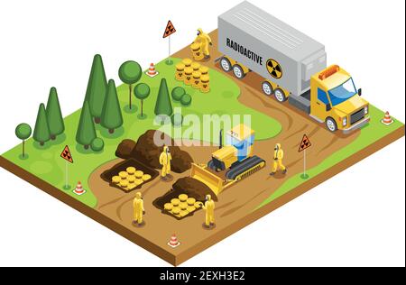 Safe radioactive toxic waste management storage transportation and disposal in underground geological repository isometric composition vector illustra Stock Vector