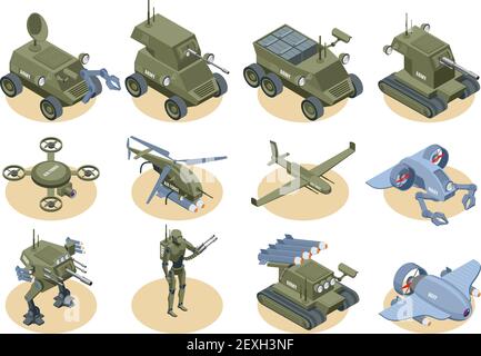 Military robots isometric icons set of underwater robot sapper air drones shooter tanks and trucks isolated vector illustration Stock Vector