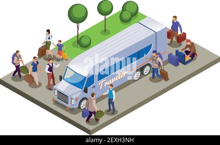 Travel people isometric composition with passengers meeting on tourist bus station for traveling vector illustration Stock Vector