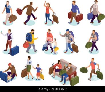 Travel people isolated icons set of characters with luggages waiting hurrying to land meeting arriving passengers isometric vector illustration Stock Vector