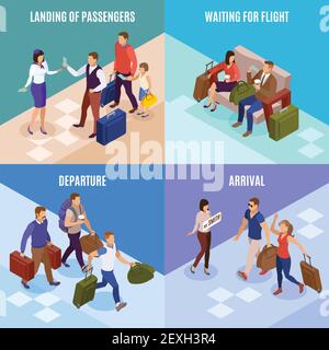 Travel people 2x2 design concept set of square icons illustrated arrival departure landing of passengers isometric vector illustration Stock Vector