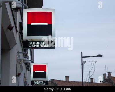NOVI SAD, SERBIA - MARCH 11, 2017: Logo of Societe Generale on one of their branches (also called Societe generale Srbija). Societe Generale is one of Stock Photo