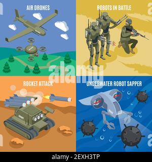 Military robots in battle 2x2 design concept with air drones rocket attacks underwater robot sapper isometric icons vector illustration Stock Vector