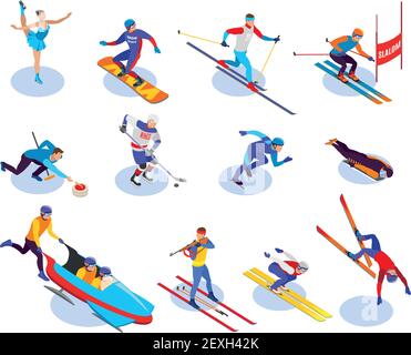 Winter sports isometric icons set of  snowboarding slalom curling freestyle figure skating ice hockey biathlon isometric vector illustration Stock Vector