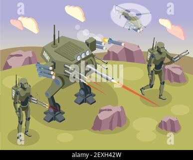 Military robots isometric background with fighting soldiers and androids on battlefield vector illustration Stock Vector