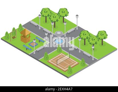 Suburbia park with trees lawn and sports ground isometric vector illustration Stock Vector