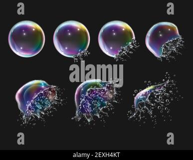 Explosion stages of realistic glossy round rainbow soap bubbles on black background isolated vector illustration Stock Vector