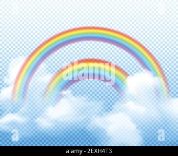 Double rainbow from different semi circles with white clouds realistic composition on transparent background vector illustration Stock Vector