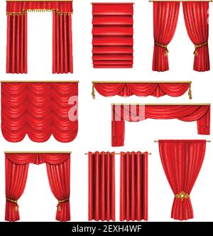 Set of realistic luxury red curtains of various design on cornices with golden elements isolated vector illustration Stock Vector