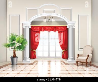 Realistic interior design in classic style with hellenistic columns french window and luxury red curtains vector illustration Stock Vector