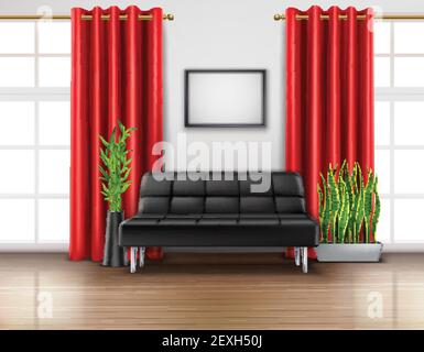 Realistic room interior with luxury red curtains on french windows leather black sofa light floor vector illustration Stock Vector
