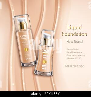 Realistic liquid foundation in glass vials advertising composition of cosmetics product on beige sparkling background vector illustration Stock Vector